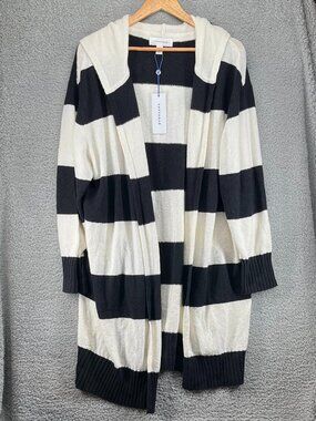 POPSUGAR Black White Stripe Long Sweater Hoodie Cardigan Duster sz OX (XL) NWT